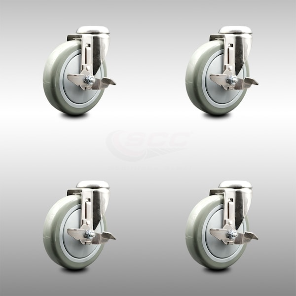 5 Inch 316SS Gray Polyurethane Wheel Swivel Bolt Hole Caster Set with Brake SCC